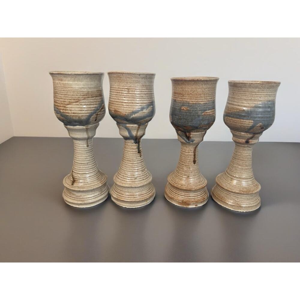 Studio Art Pottery Large Wine Goblet/Chalice 9 3/4” Set of 4 Handmade Glasses